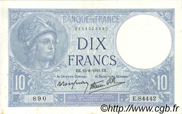 10 Francs MINERVE modifié FRANCE  1941 F.07.29 TTB+