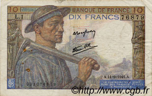 10 Francs MINEUR FRANCE  1941 F.08.01 TB à TTB