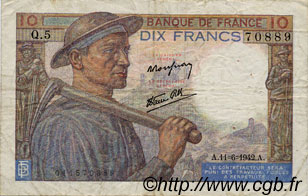 10 Francs MINEUR FRANCE  1942 F.08.03 TB+