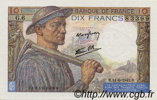 10 Francs MINEUR FRANCE  1942 F.08.03 SPL