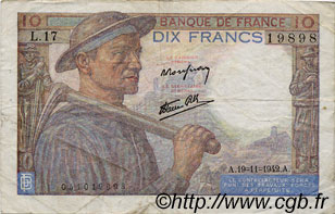10 Francs MINEUR FRANCE  1942 F.08.05 TB