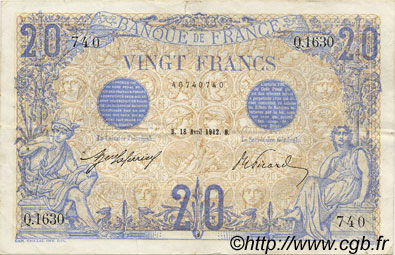 20 Francs BLEU FRANCE  1912 F.10.02 TTB
