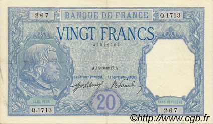20 Francs BAYARD FRANCE  1917 F.11.02 SUP+