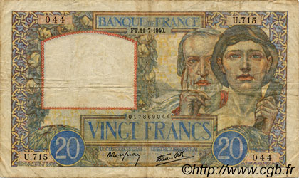 20 Francs TRAVAIL ET SCIENCE FRANCE  1940 F.12.04 TB