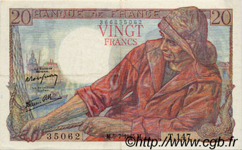 20 Francs PÊCHEUR FRANCE  1945 F.13.10 TTB à SUP
