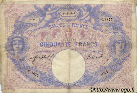 50 Francs BLEU ET ROSE FRANCE  1910 F.14.23 pr.TB