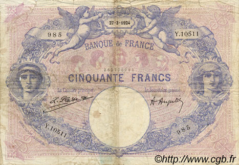 50 Francs BLEU ET ROSE FRANCE  1924 F.14.37 pr.B