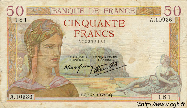 50 Francs CÉRÈS modifié FRANCE  1937 F.18 TB