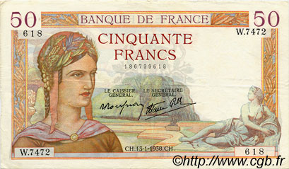 50 Francs CÉRÈS modifié FRANCE  1938 F.18.07 TTB+
