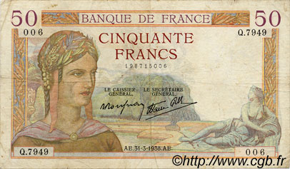 50 Francs CÉRÈS modifié FRANCE  1938 F.18.11 TB+