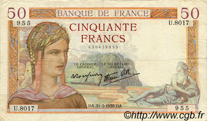 50 Francs CÉRÈS modifié FRANCE  1938 F.18.11 TTB