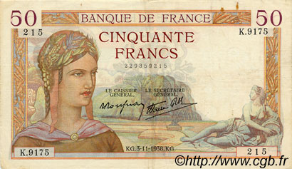 50 Francs CÉRÈS modifié FRANCE  1938 F.18.18 TTB+