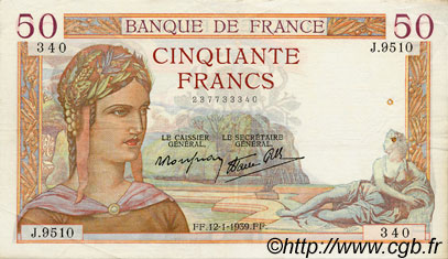 50 Francs CÉRÈS modifié FRANCE  1939 F.18.20 TTB