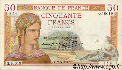 50 Francs CÉRÈS modifié FRANCE  1939 F.18.24 TTB