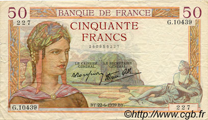 50 Francs CÉRÈS modifié FRANCE  1939 F.18.27 TB