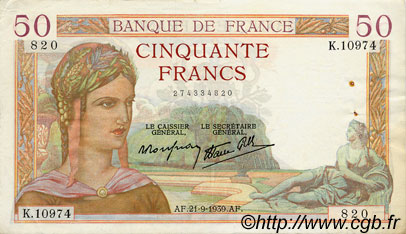 50 Francs CÉRÈS modifié FRANCE  1939 F.18.31 TTB