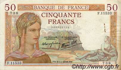 50 Francs CÉRÈS modifié FRANCE  1939 F.18.34 TTB