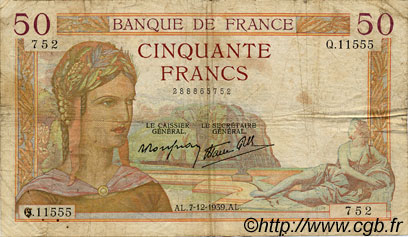 50 Francs CÉRÈS modifié FRANCE  1939 F.18.35 B