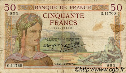 50 Francs CÉRÈS modifié FRANCE  1939 F.18.36 pr.B