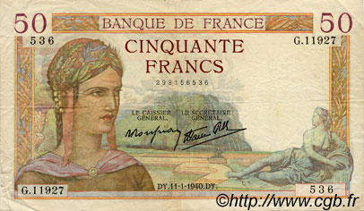 50 Francs CÉRÈS modifié FRANCE  1940 F.18.37 TTB