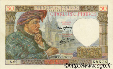 50 Francs JACQUES CŒUR FRANCE  1941 F.19.12 SUP