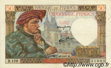 50 Francs JACQUES CŒUR FRANCE  1941 F.19.15 TTB à SUP