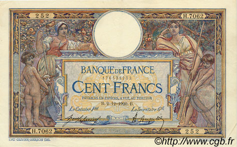 100 Francs LUC OLIVIER MERSON sans LOM FRANCE  1920 F.23.13 TTB+ à SUP