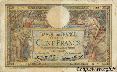 100 Francs LUC OLIVIER MERSON grands cartouches FRANCE  1926 F.24.05 TB