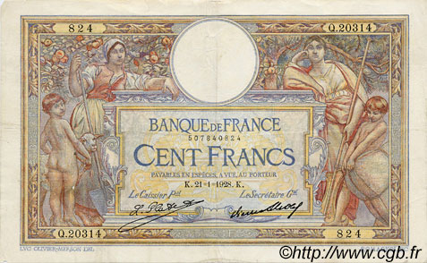 100 Francs LUC OLIVIER MERSON grands cartouches FRANCE  1928 F.24.07 pr.TTB