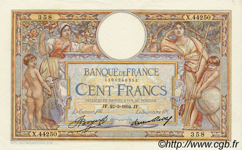 100 Francs LUC OLIVIER MERSON grands cartouches FRANCE  1934 F.24.13 pr.SPL