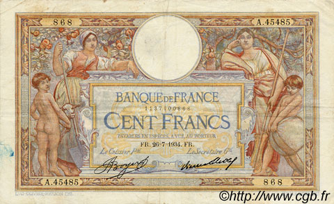 100 Francs LUC OLIVIER MERSON grands cartouches FRANCE 1934 F.24.13 TB+