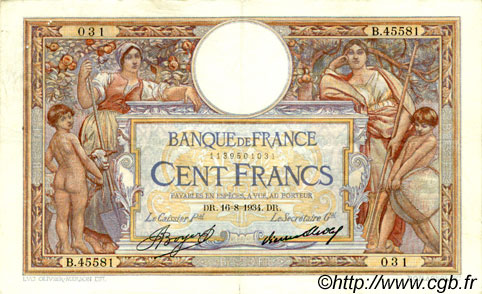 100 Francs LUC OLIVIER MERSON grands cartouches FRANCE  1934 F.24.13 TTB