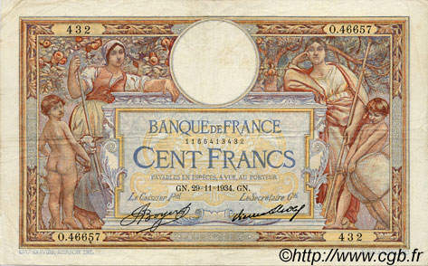 100 Francs LUC OLIVIER MERSON grands cartouches FRANCE  1934 F.24.13 pr.TTB