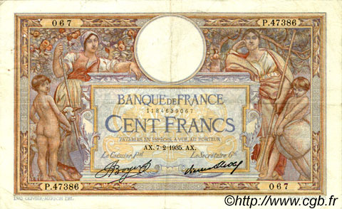 100 Francs LUC OLIVIER MERSON grands cartouches FRANCE  1935 F.24.14 pr.TTB