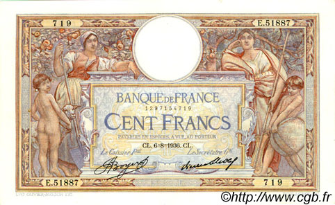 100 Francs LUC OLIVIER MERSON grands cartouches FRANCE  1936 F.24.15 TTB+