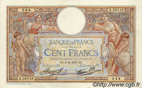 100 Francs LUC OLIVIER MERSON type modifié FRANCE  1937 F.25.04 SUP