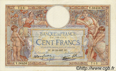 100 Francs LUC OLIVIER MERSON type modifié FRANCE  1937 F.25.06 SUP
