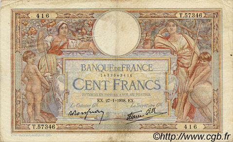 100 Francs LUC OLIVIER MERSON type modifié FRANCE  1938 F.25.09 TB