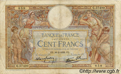 100 Francs LUC OLIVIER MERSON type modifié FRANCE  1938 F.25.10 TB