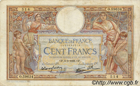 100 Francs LUC OLIVIER MERSON type modifié FRANCE  1938 F.25.22 TB+