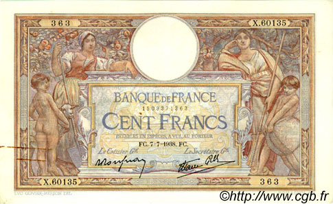 100 Francs LUC OLIVIER MERSON type modifié FRANCE  1938 F.25.25 TTB