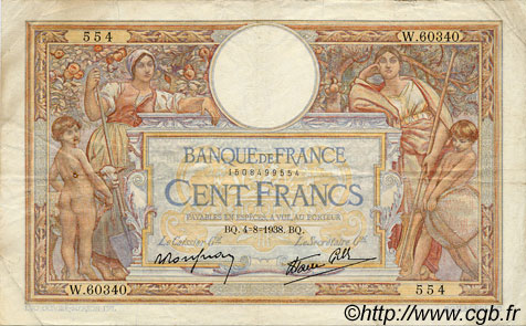 100 Francs LUC OLIVIER MERSON type modifié FRANCE  1938 F.25.27 TTB