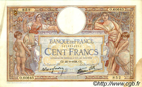 100 Francs LUC OLIVIER MERSON type modifié FRANCE  1938 F.25.29 TB+