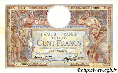100 Francs LUC OLIVIER MERSON type modifié FRANCE  1938 F.25.30 TTB