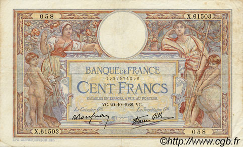 100 Francs LUC OLIVIER MERSON type modifié FRANCE  1938 F.25.32 TTB