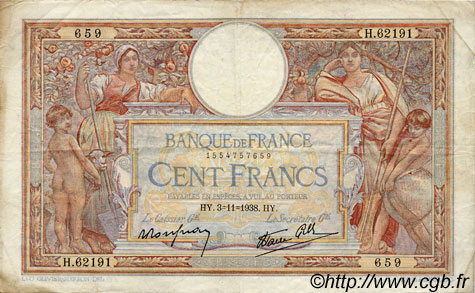 100 Francs LUC OLIVIER MERSON type modifié FRANCE  1938 F.25.34 TB+
