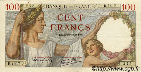 100 Francs SULLY FRANCE  1939 F.26.09 TTB+