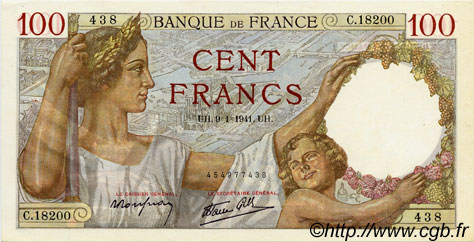 100 Francs SULLY FRANCE  1941 F.26.44 SPL