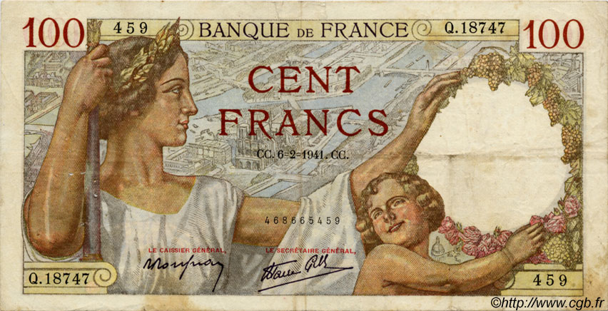 100 Francs SULLY FRANCE  1941 F.26.46 TB+