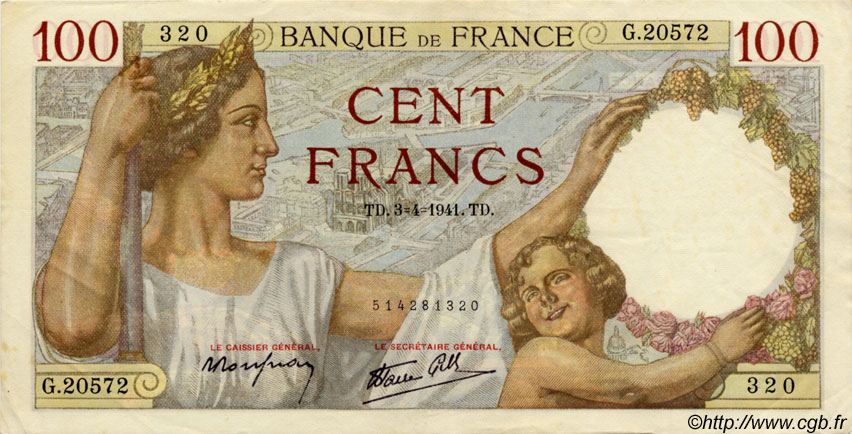 100 Francs SULLY FRANCE  1941 F.26.49 SUP